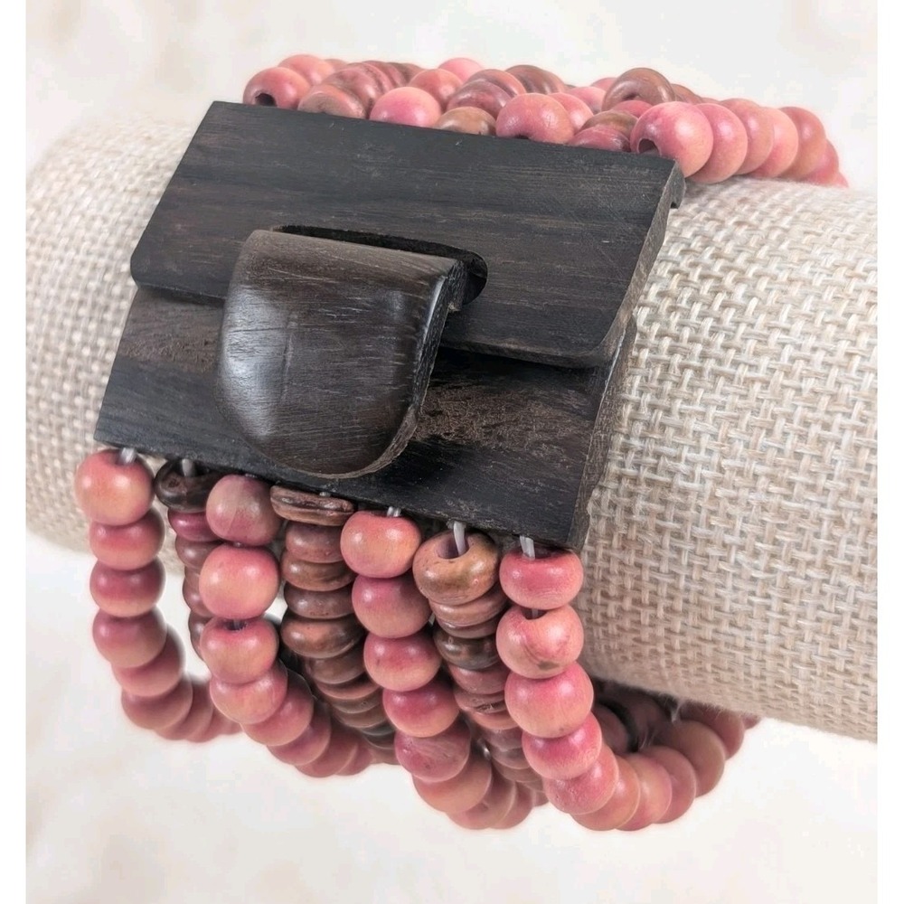 Boho Wood‎ Bead Wrap Bracelet Multi Strand Pink Brown Chunky Statement